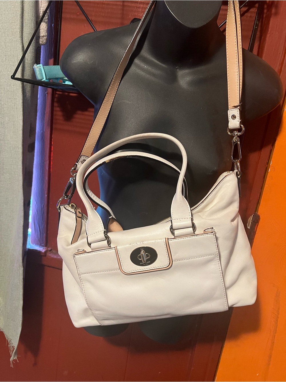 Chic White Leather Satchel with Tan Shoulder Strap